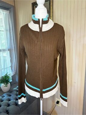 Contact New York Rib Knit Zip Up Sweater XL Brown Blue White Y2K Cardigan